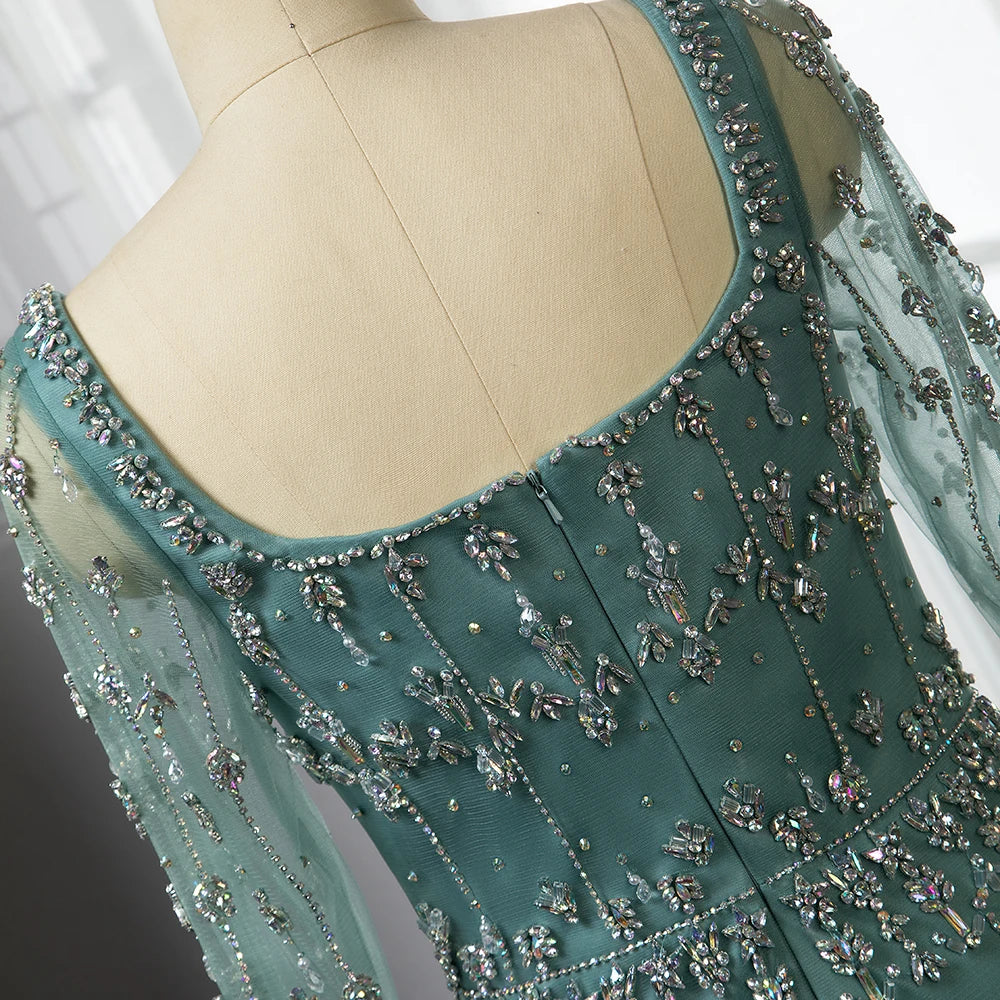Serene Hill Muslim Turquoise Mermaid Elegant Evening Dresses Gowns 2024 Luxury Beaded Feather For Women Party LA71722