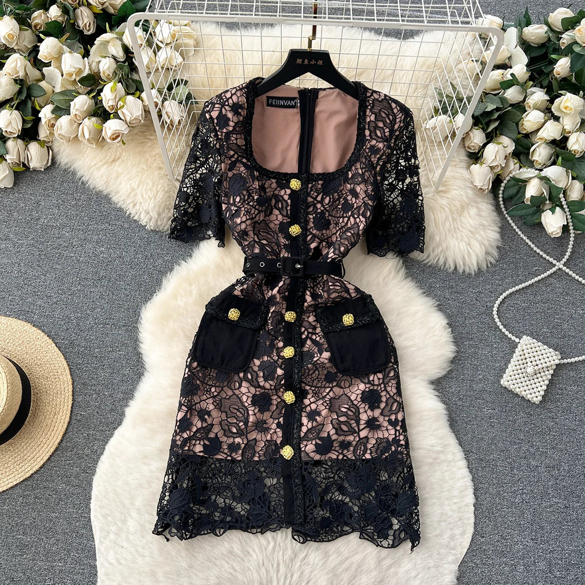 Luxury Wedding Elegant Party Dresses Women Golden Button Openwork Lace Dress Square Neck Short Sleeve Black Mini Dress With Belt