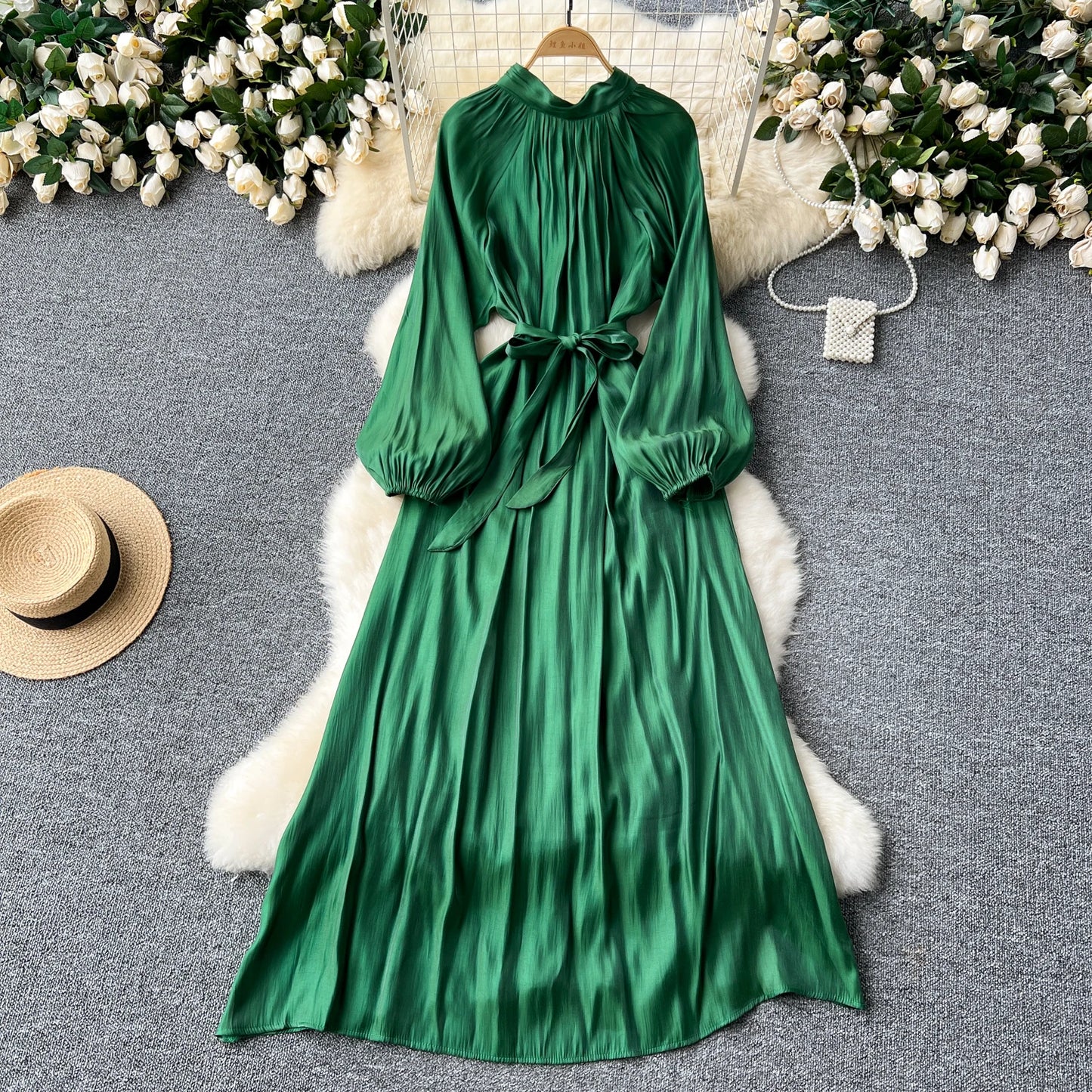 French Vintage Pleated lool sleeve print Lace-up Bow sweet Dress Casual Women Fashion summer dresses