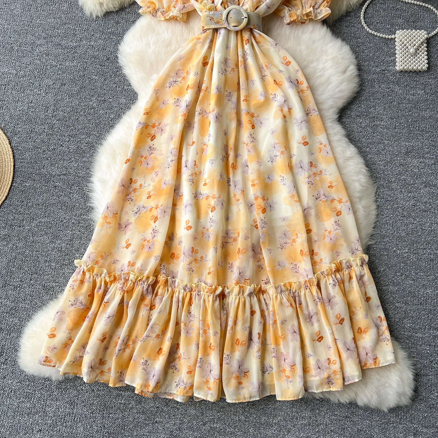 French Vintage Ruffle print chiffon Bandage Bow Puff Sleeves short Sleeves Dress Casual Women Fashion summer dresses
