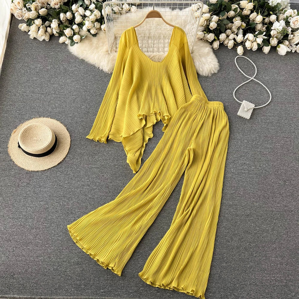 Clothland Stylish Yellow Blouse Set Two Piece Set Irregular Shirt Long Pants Pleated Women Chic Spring Suits TZ234