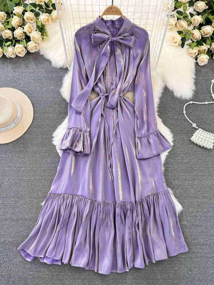 Elegant and Chic Solid Evening Dresses for Women Fashion New Bow Lace Up Flare Long Sleeve A-Line Vestidos Autumn Female Clothes
