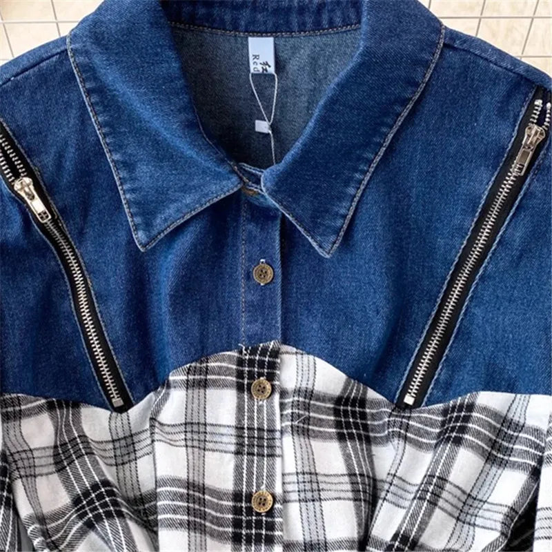 Denim Spliced Long Sleeve Shirt Coat Women Zipper Design Fashion Belt Lapel Mid Long Shirt Jacket Female Autumn Casual Blouses