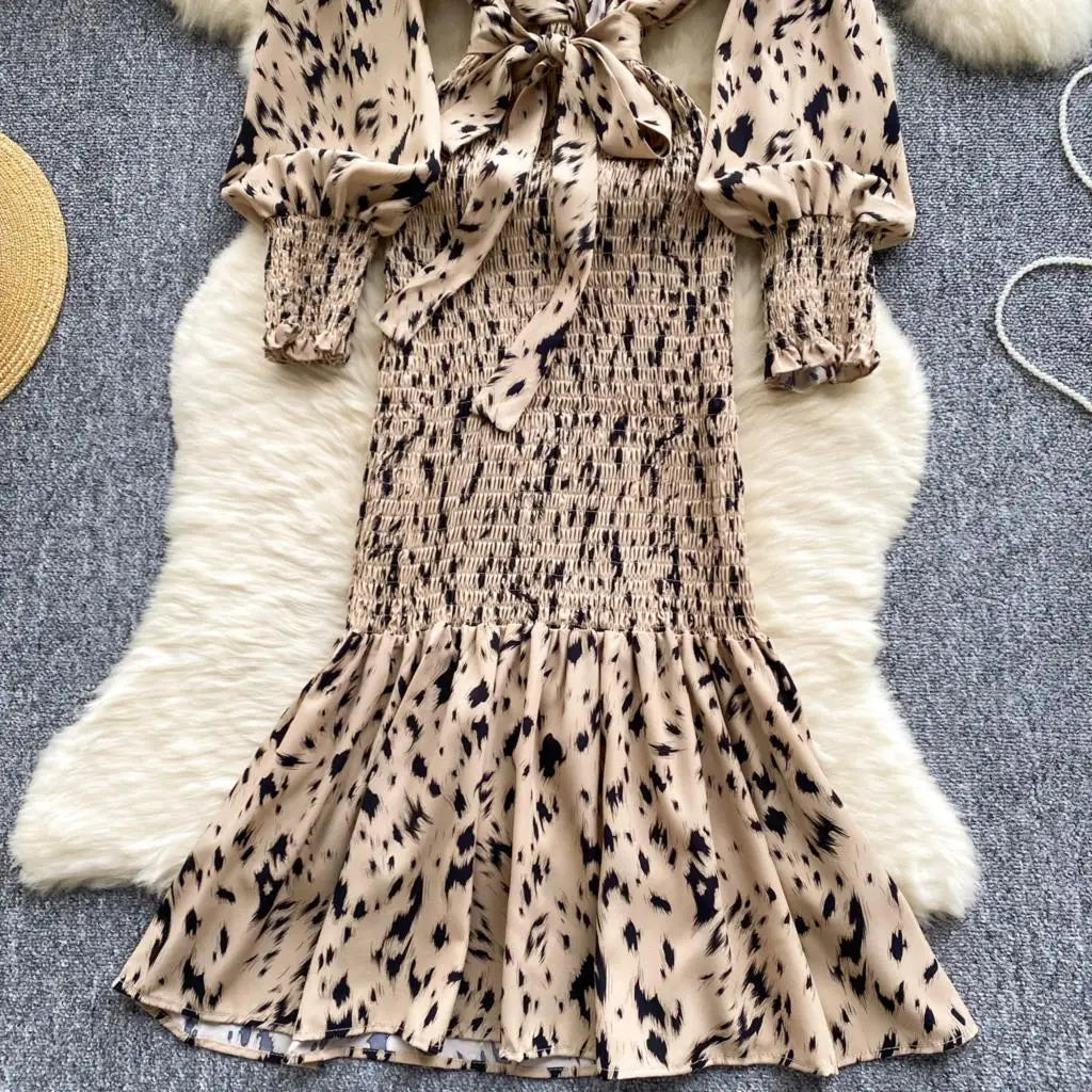 Women Casual Vintage Print Ruffle Long Dress Autumn Elegant V Neck Lantern Sleeve Party Mermaid Dresses Holiday Female Mujer New