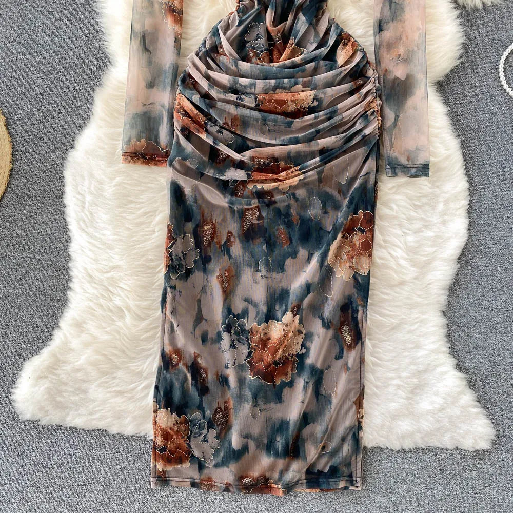 Elegant High Waist Fashion Print Pleated Split Dress Long Sleeve Square Neck Vestidos Autumn Winter Pencil Dress