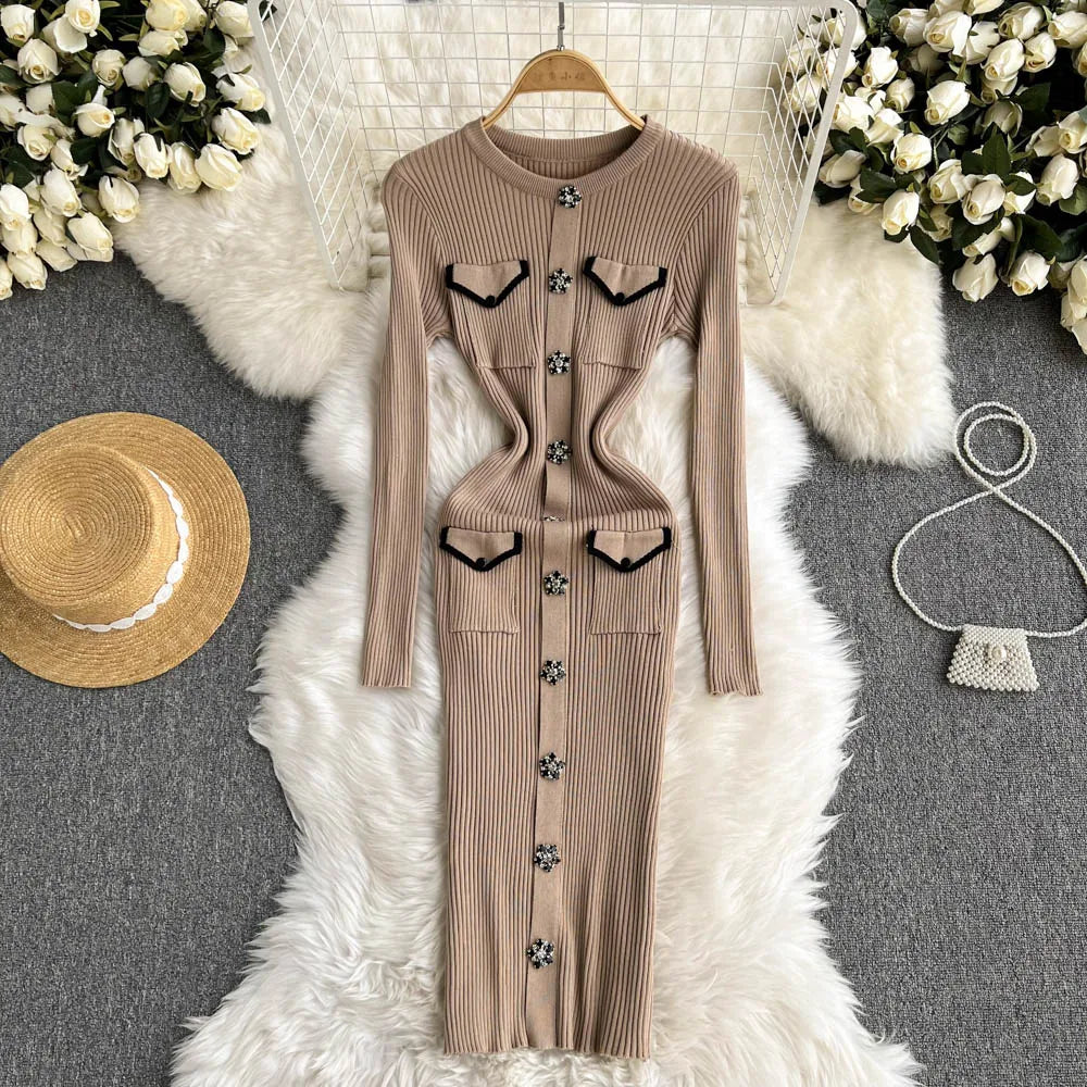 Women Elegant Chic Long Sleeve Sexy Slim Bodycon Dress Vintage Korean Fashion Knit Tight Vestido Autumn Winter Sweater Robe