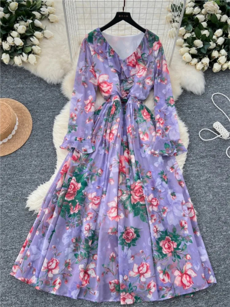 Women Elegant Floral Print Dress for Women Vintage V-Neck Long Sleeves Chiffon Slim A-Line Vestidos Mujer Autumn Female Clothes