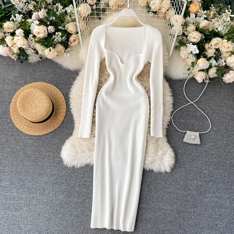 Women Long Sleeve Sexy Bodycon Dress with slit Vintage French Fashion Knit v neck Vestidos Basic Tight Elegant Slim Chic Dresses