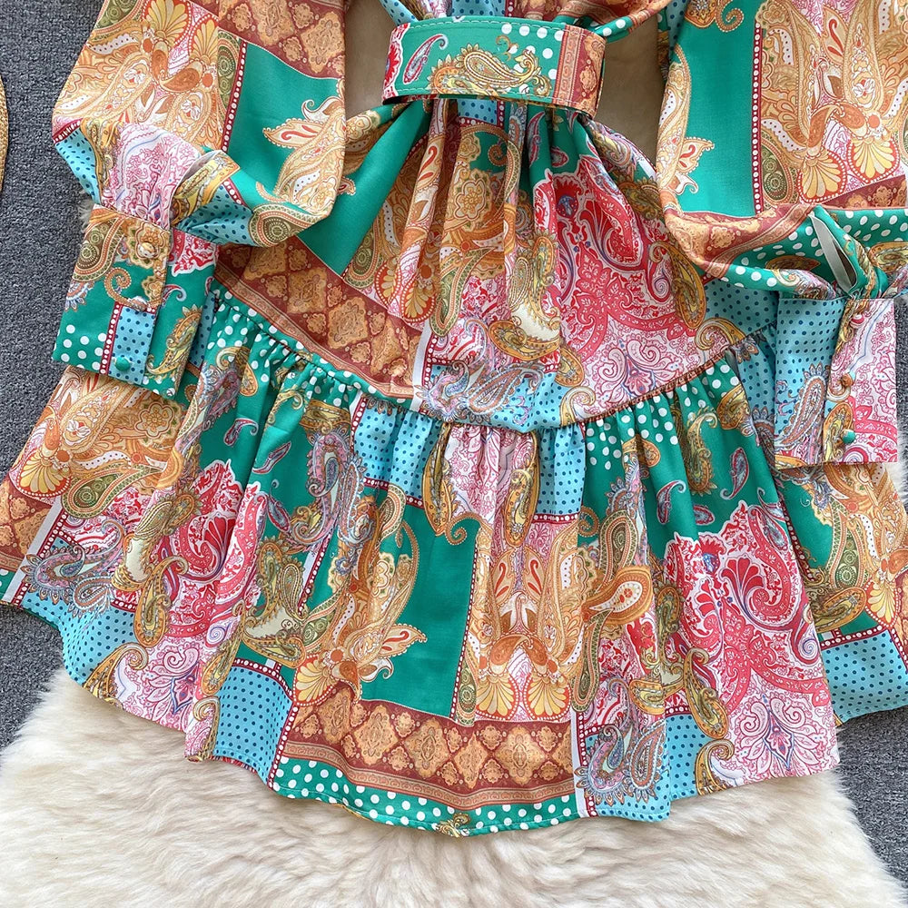New In Dresses 2024 Spring Vintage Paisley Print Vacation Bohemian Dress Women Stand Collar Long Sleeve Mini Dress With Belt