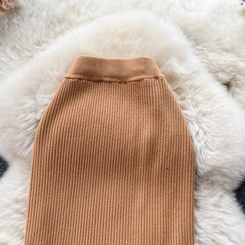 Women Elegant Chic Split Sexy Skirt Elastic Knit High Waist Fashion Vintage Pencil Skirt Black White Spring Autumn Clothing
