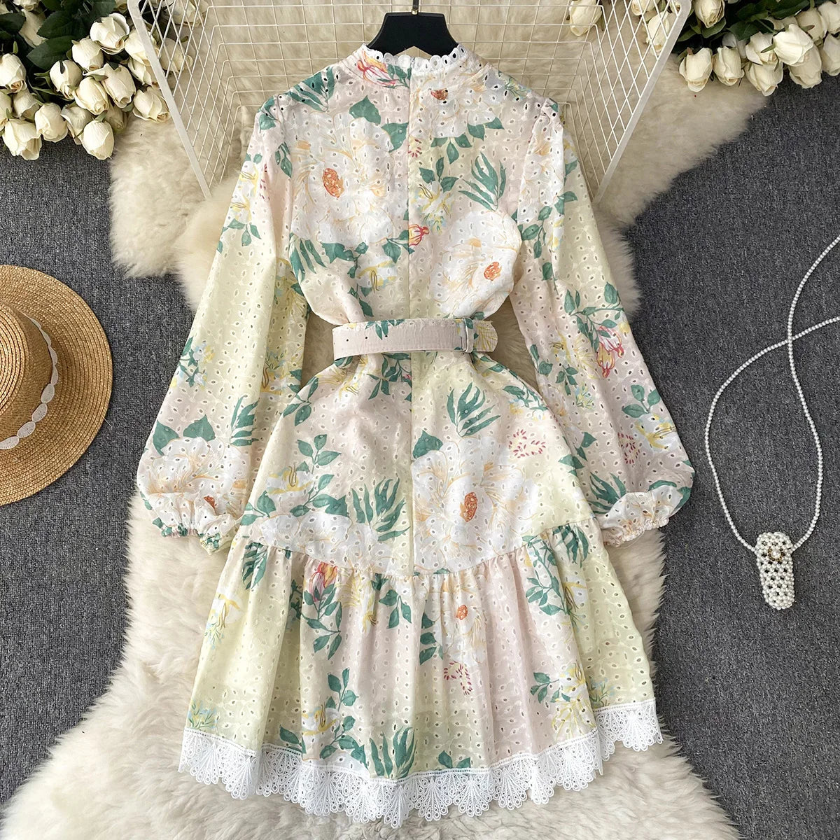 Elegant Party Dresses Woman Lace Trim Cutwork Embroidery Vintage Floral Print Dress 2023 New In Long Sleeve Mini Dress With Belt