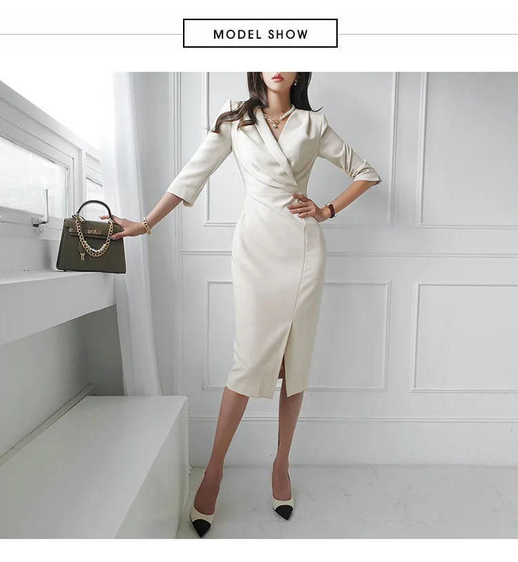 Commuting Style V-neck Mid length One Step Dress with Belt Autumn New Office Women's Slim Fit Waist Closing Beige Split Dresses