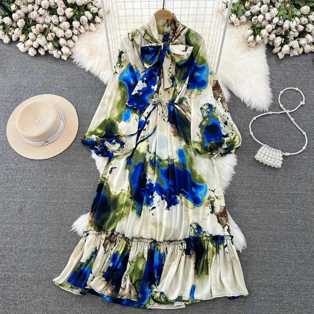 Women Casual A-Line Vintage Floral Long Dress Autumn Elegant Chic Party Boho Maxi Dresses Beach Holiday Female Vestidos New