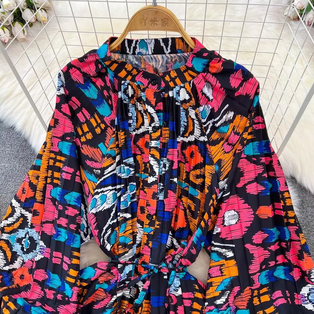 Elegant Women Casual Floral Print Party Dress Vintage Lantern Sleeve A-Line Pleated Prom Birthday Clothes Female Fashion Robe