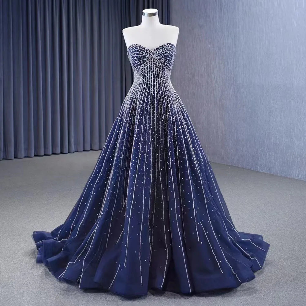 Serene Hill Navy Blue High End Strapless Crystal Beaded Luxury Pearls Lace Up Bride Gowns Wedding Dress Custom Made HM23102