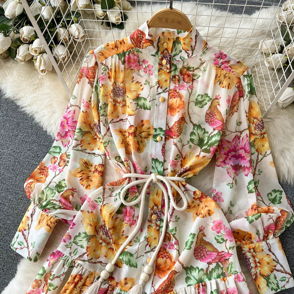 Spring Vacation Dresses For Women Long Sleeve Vintage Floral Print Dress Stand Collar Ruffle Hem Chiffon Mini Dress Tie Belt