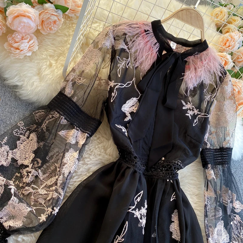 Retro Print Floral Embroidery Elegant Lace Up Dress A-line Long Sleeve Casual O-neck High Waist Dress Women Ceremonial Dress