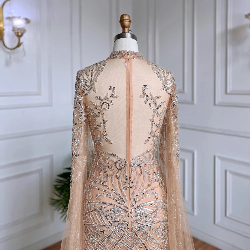 Serene Hill Nude Mermaid Elegant Sexy High Collar Cape Sleeves Luxury Beaded Evening Dresses Gowns 2024 For Women Party GLA71747