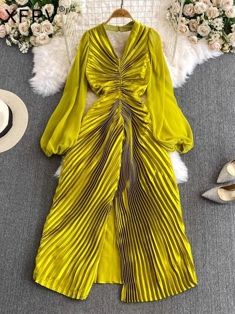 XFPV Women's Temperament Puff Long Sleeve Hanging Neck Split Metal Pleated Dress Vestidos Y2k Fashion Tide Spring Summer 2024