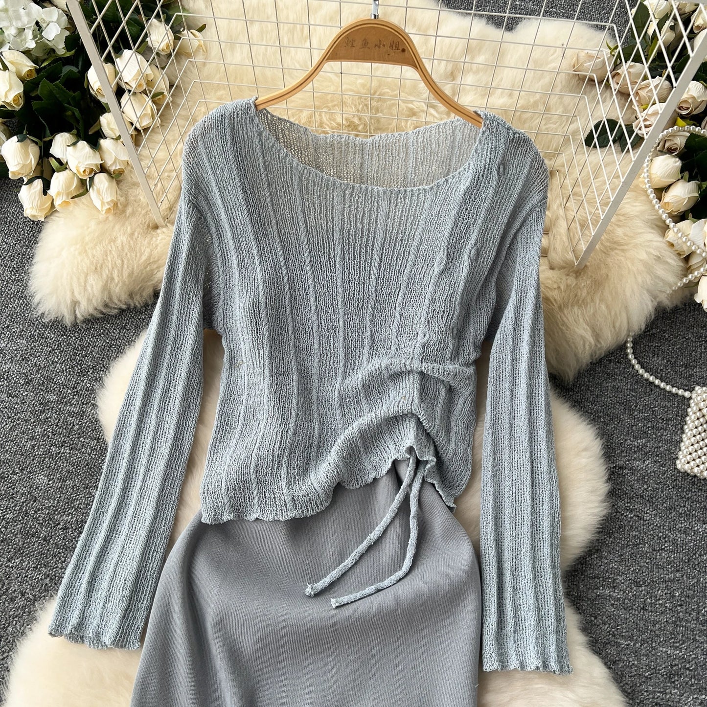 French Vintage Shirring lool sleeve slip knit overcoat with sweet slip A-line Chic Casual Vacation Women Summer dresses