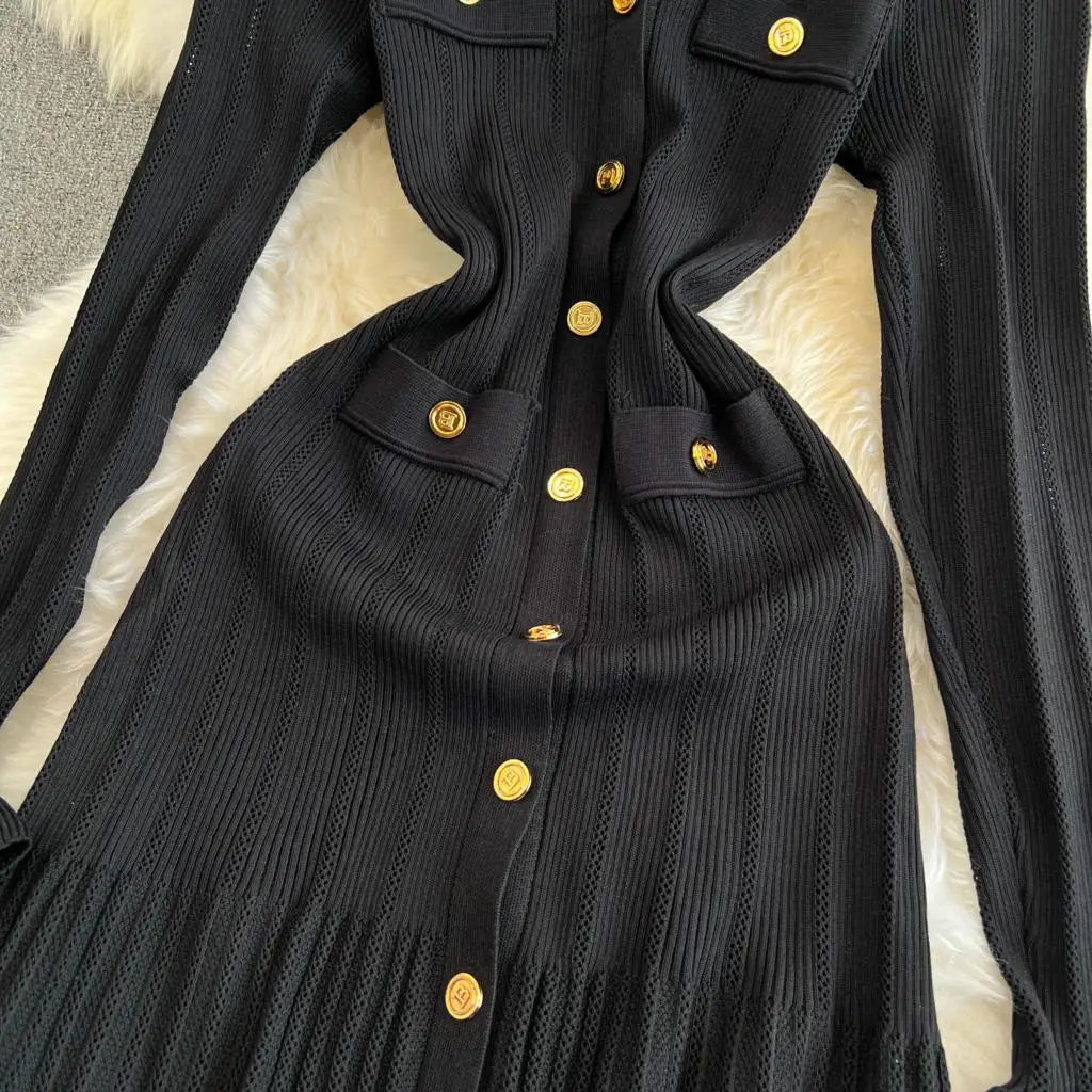 Women Vintage Mermaid Knitted Dress Elegant Casual Single Breasted Bodycon Slim Evening Dresses Female One Piece Clothes Mujers