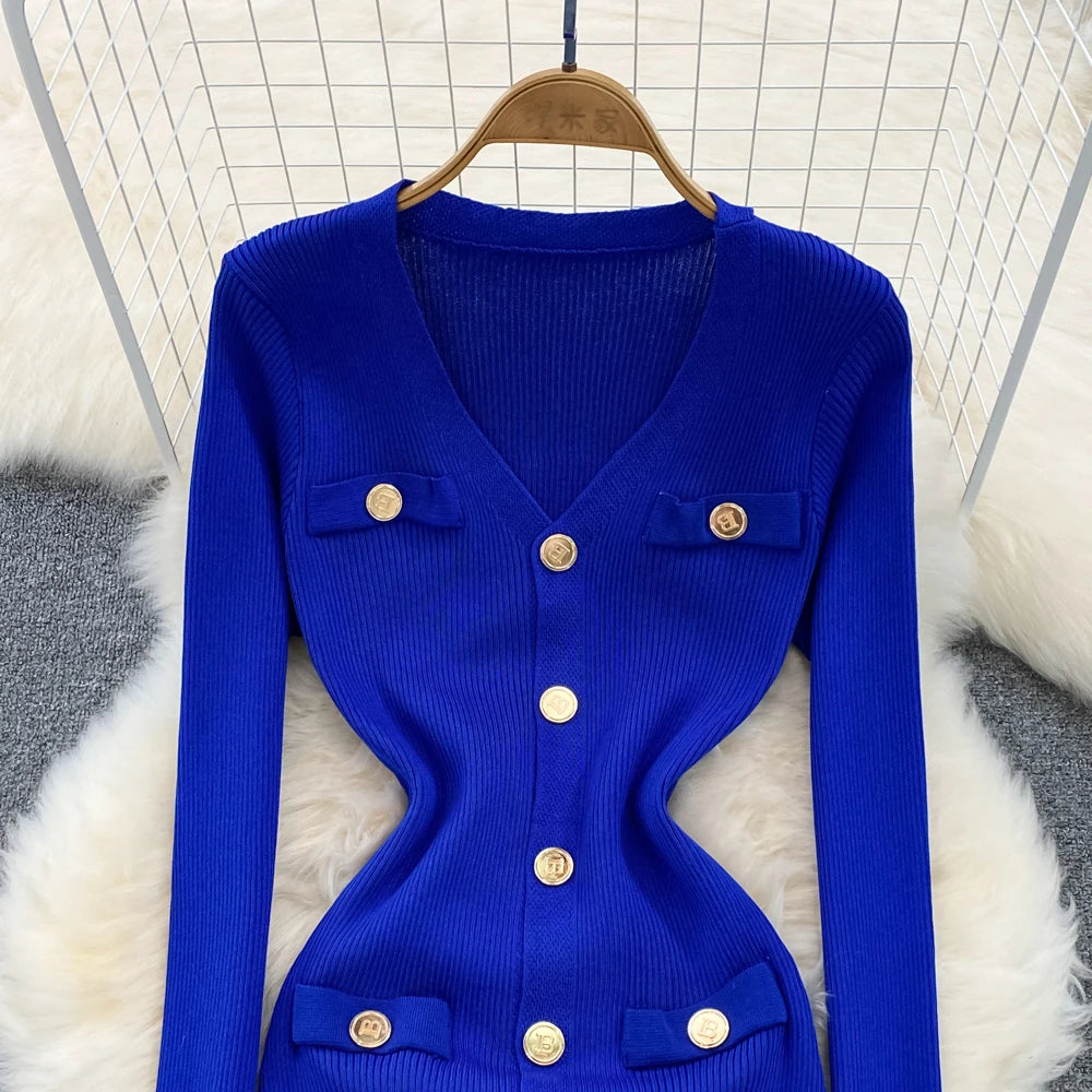 Sexy Split V-neck Long Sleeve Bodycon Dress Chic Elegant Evening Party French Fashion Knit Vestidos Women Autumn Pencil Dress