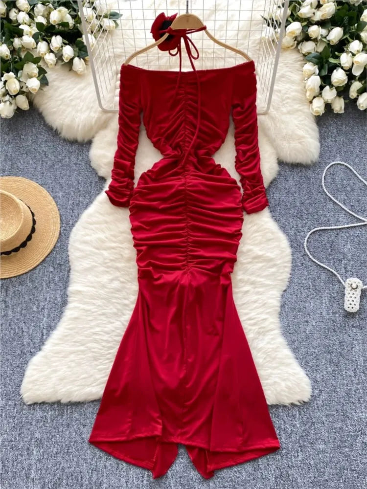 Sexy Elegant and Chic Women Pleated Mermaid Dress Strapless Bodycon Slim Evening Party Christmas Dresses Female Clothes Mujers