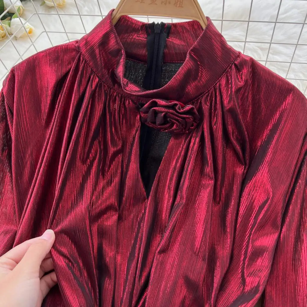 Autumn Vintage Pleated Women Long Dress Elegant Stand Collar Solid A-Line Party Prom Vestidos Female Birthday Clothes Mujers