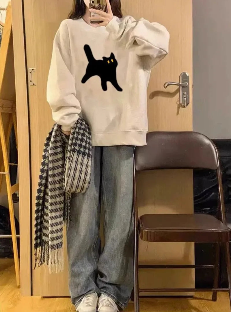 2024 Spring Autumn Unisex Cartoon Cat Printed Pullover Round Neck Long Sleeved baggey Pullovers Casual Cute Couple Street Top