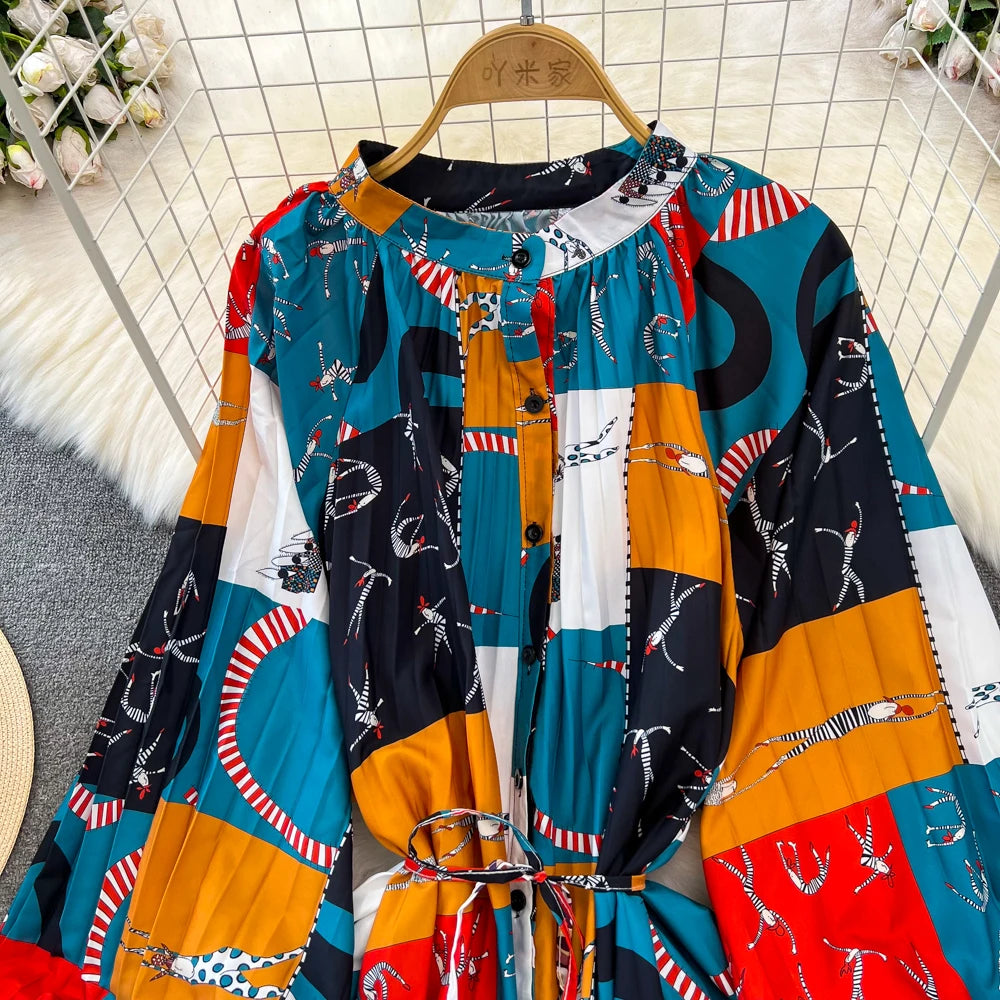 Elegant Women Casual Floral Print Party Dress Vintage Lantern Sleeve A-Line Pleated Prom Birthday Clothes Female Fashion Robe