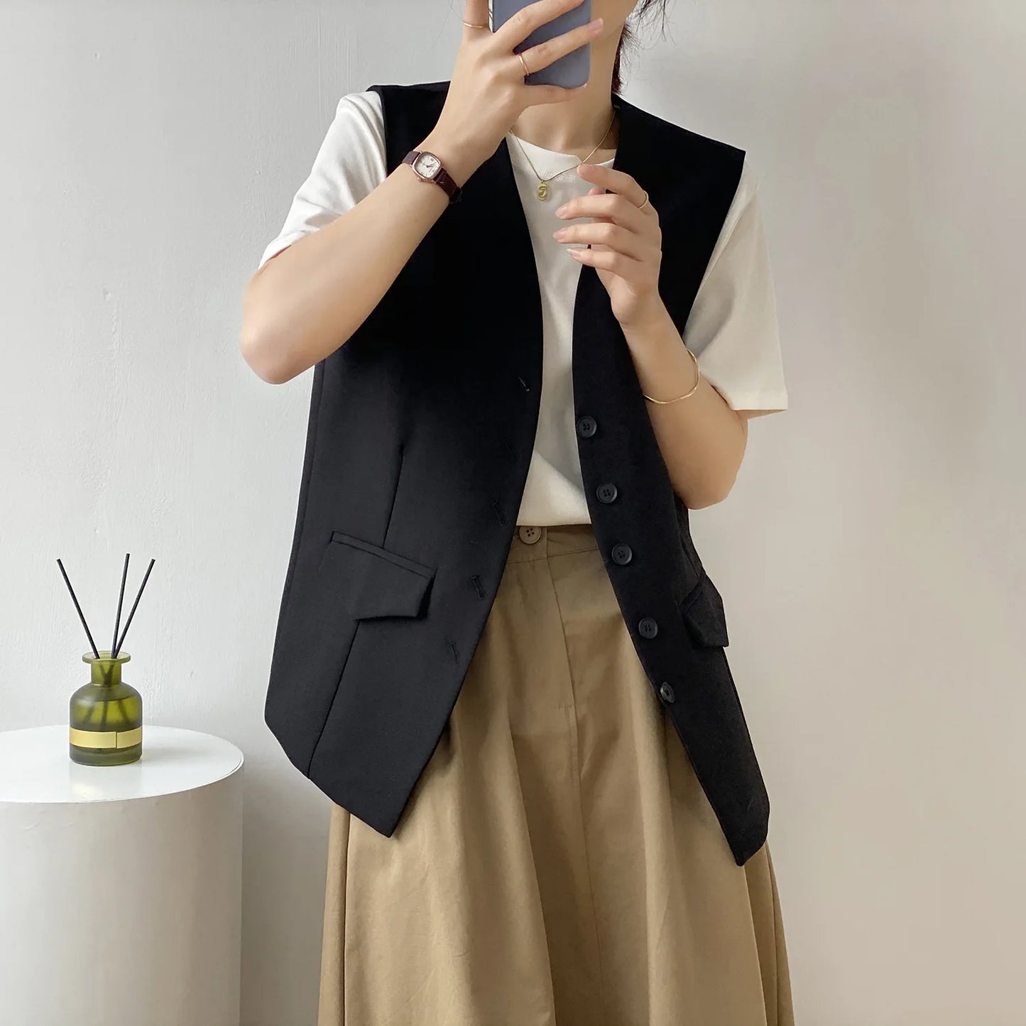 Women V-neck Suit Vest Spring Autumn New Korean Version Fashionable Sleeveless Jacket Trendy Casual Single Breasted Waistcoat