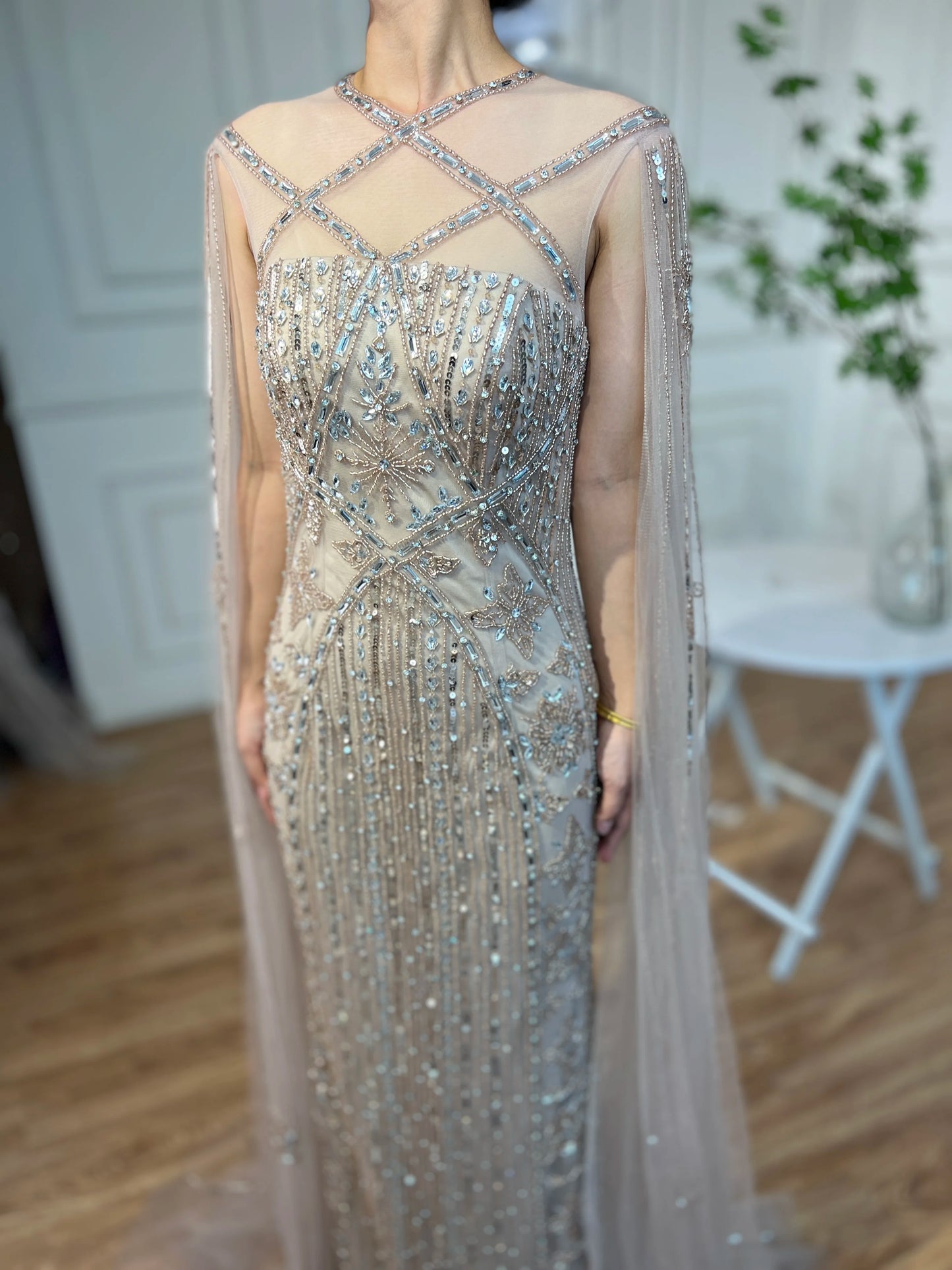SERENE HILL Arabic Caramel Mermaid Elegant Cape Sleeves Beaded Luxury Evening Dresses 2024 Formal Gown For Women Party GLA71905A