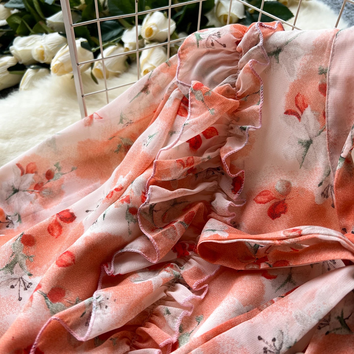 French Vintage Ruffle print chiffon Bandage Bow Puff Sleeves short Sleeves Dress Casual Women Fashion summer dresses