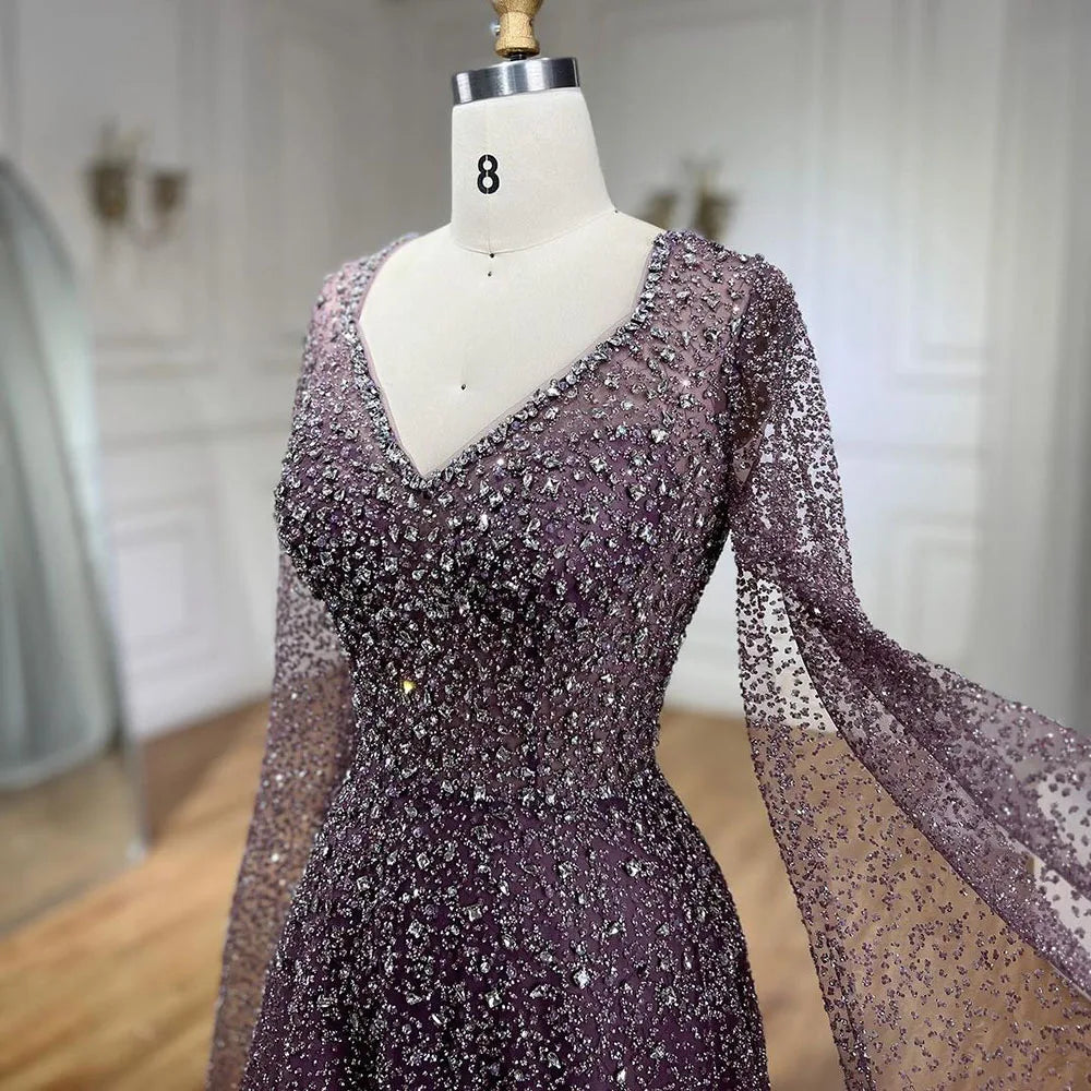 Serene Hill Arabic Luxury Purple A-Line Elegant Strapless Beaded Evening Dresses Long for Woman Wedding Party LA72147