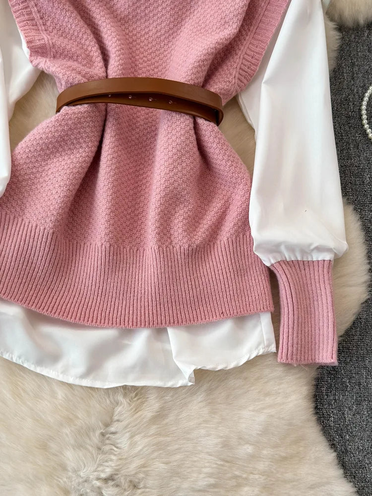 XFPV Women's Sweet Long Sleeve Shirt Top Sweater Knitted Vest Shirt Two Piece Set Y2k Korean Fashion Tide Autumn 2024 SM11613