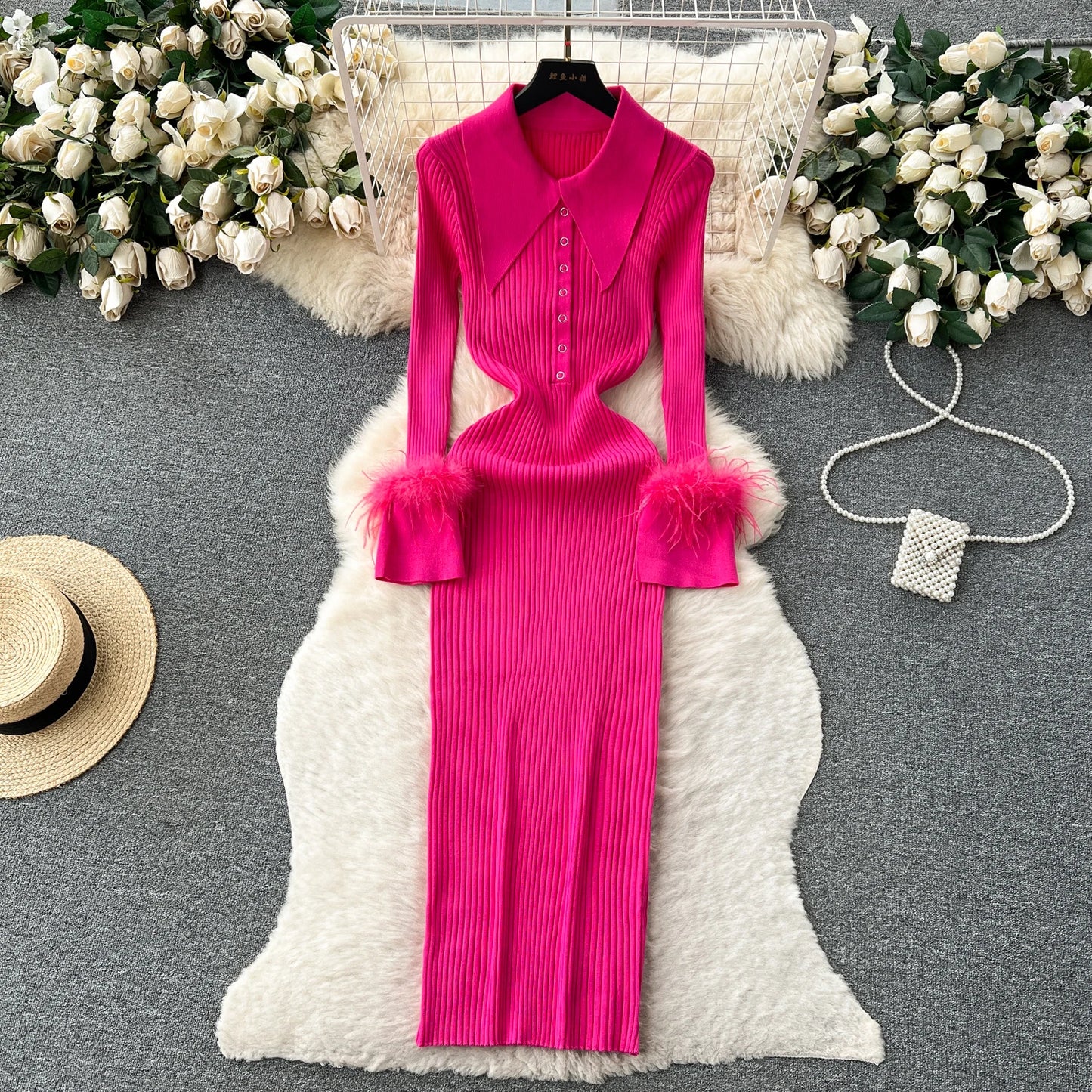 Elegant Turn-down Collar Feather Long Sleeve Knit Bodycon Pencil Dress Slim Fashion Sweater Vestido Sexy Women Winter Clothing