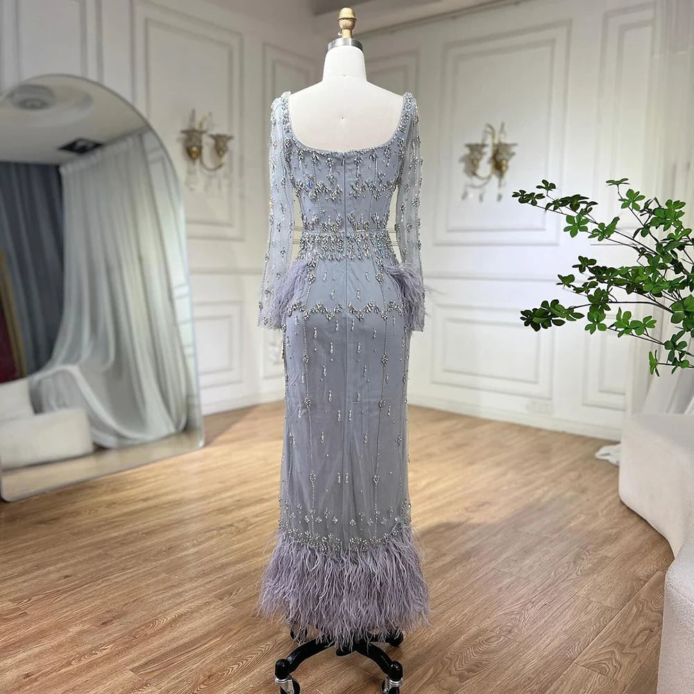 Serene Hill Muslim Turquoise Mermaid Elegant Evening Dresses Gowns 2024 Luxury Beaded Feather For Women Party LA71722