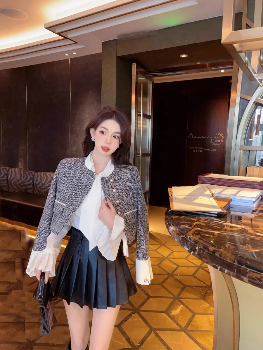 High-end Color Contrast Small Fragrance Equestrian clothing for Women Autumn New Loose and Fashionable Coarse Tweed Short Coat