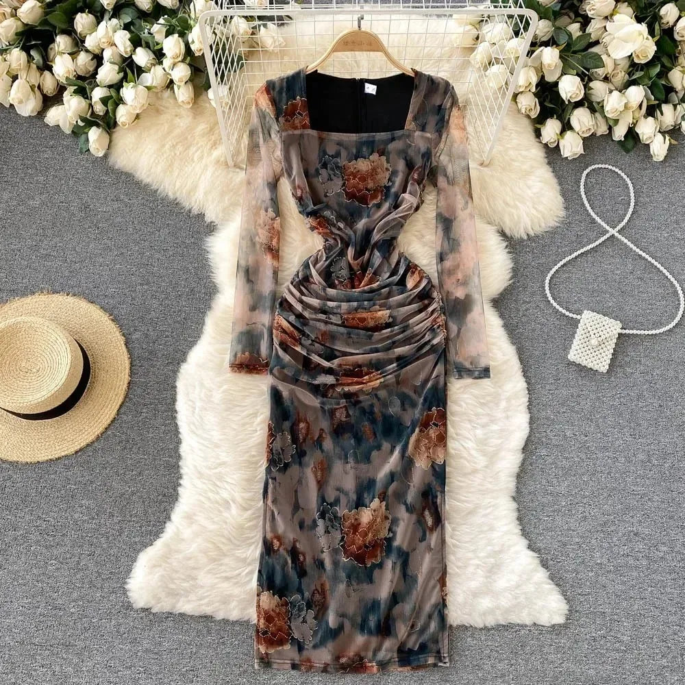 Elegant High Waist Fashion Print Pleated Split Dress Long Sleeve Square Neck Vestidos Autumn Winter Pencil Dress