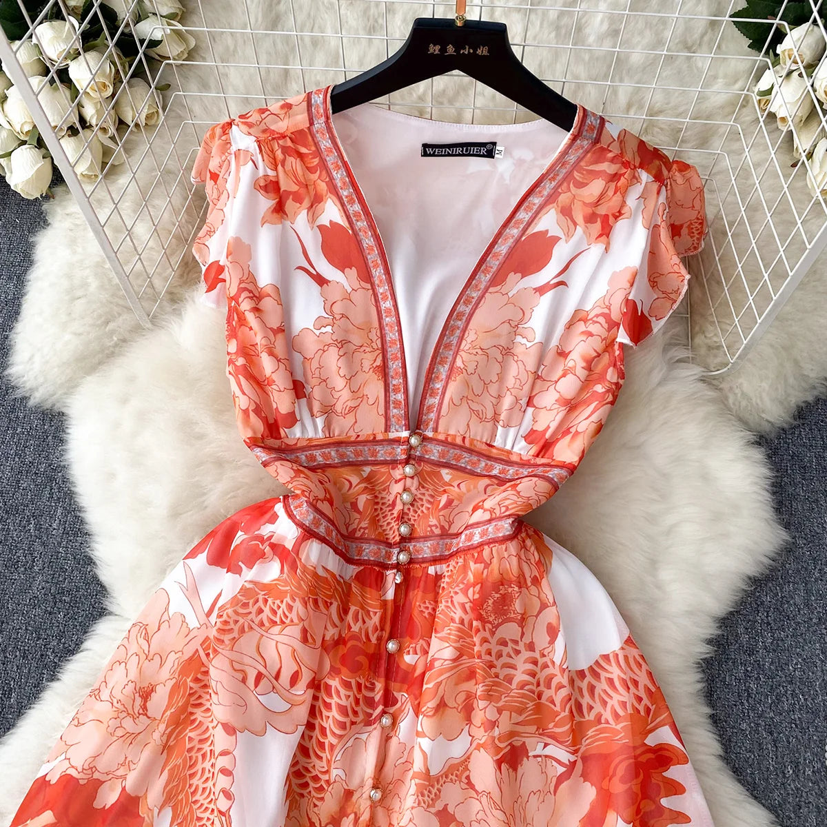 Short Dresses Women Cap Sleeve Vintage Print Chiffon Dress Faux Pearl Buttoned V Neck Ruffle Hem Wedding Elegant Party Dress