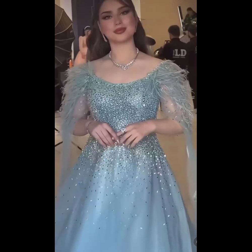 Serene Hill Arabic Blue A Line Feathers Cape Sleeves Beaded Luxury Saudi Evening Dresses Gowns for Formal Occasion 2024 LA71782A