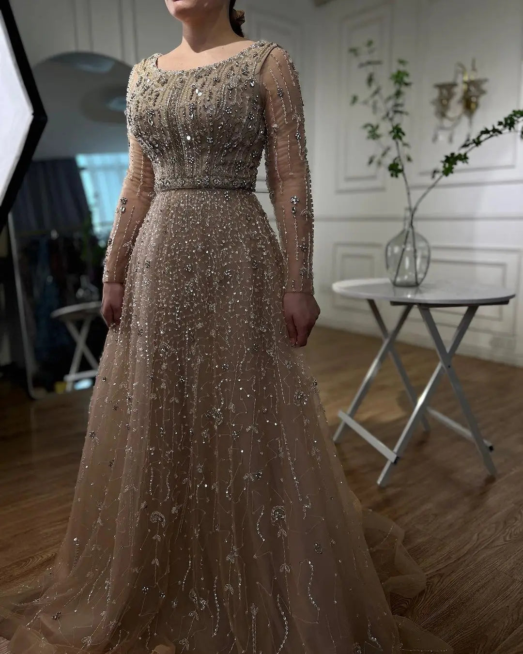 SERENE HILL Dubai Arabic Nude Designer Luxury Beaded Evening Dresses 2024 Long Sleeves Gowns For Women Wedding Party GLA72088