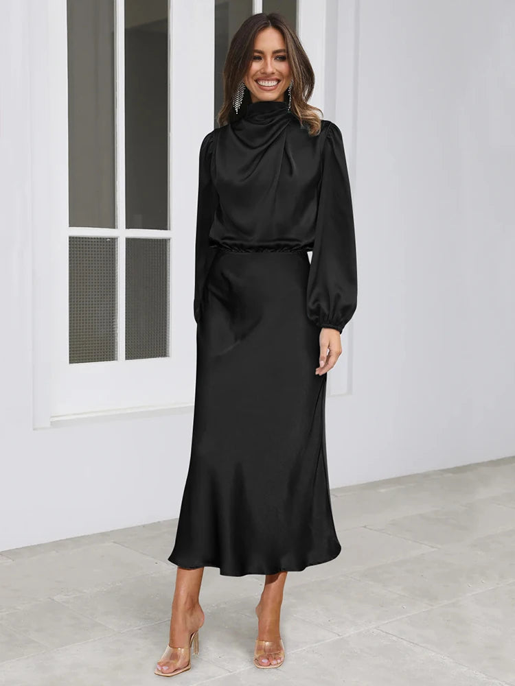 Spring Summer New High-End Satin Long Sleeved Dress Women's Ladylike Elegant Evening Dress Party Clothes Celebrity Dresses