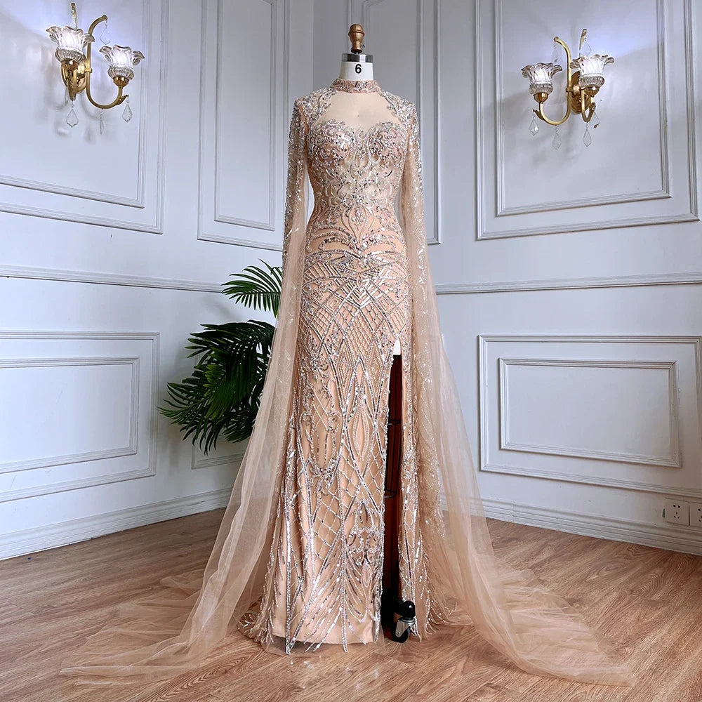 Serene Hill Nude Mermaid Elegant Sexy High Collar Cape Sleeves Luxury Beaded Evening Dresses Gowns 2024 For Women Party GLA71747