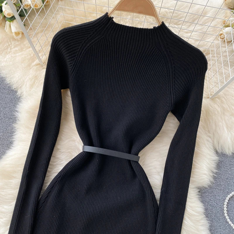 Elegant Chic Pleated Knit Dress French Long Sleeve Party Gothic A-line Vestidos High Waist Basic Slim Women Autumn Winter Dress