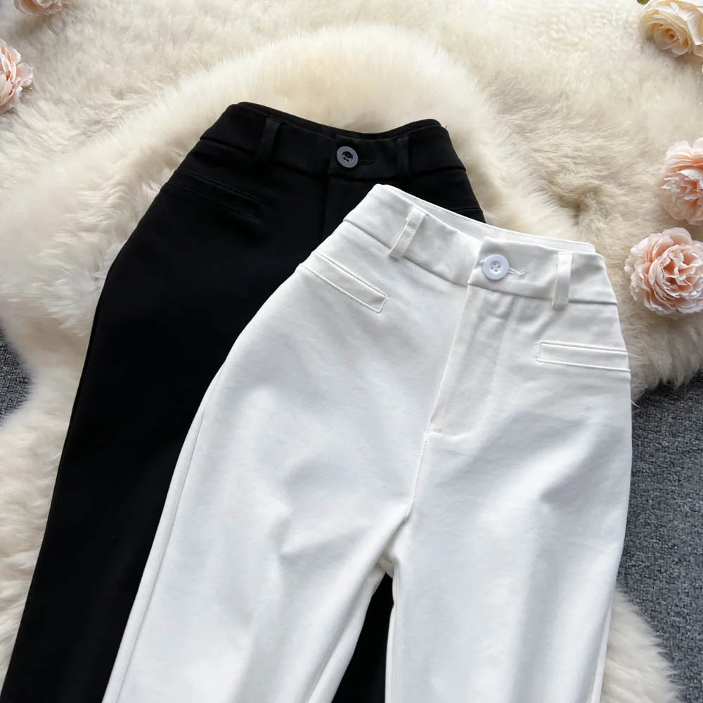 Spring Autumn Retro Flare Pants Women Casual High Waist Draping Slim Wide Leg Bottom Long Pants Korean White Black Trousers