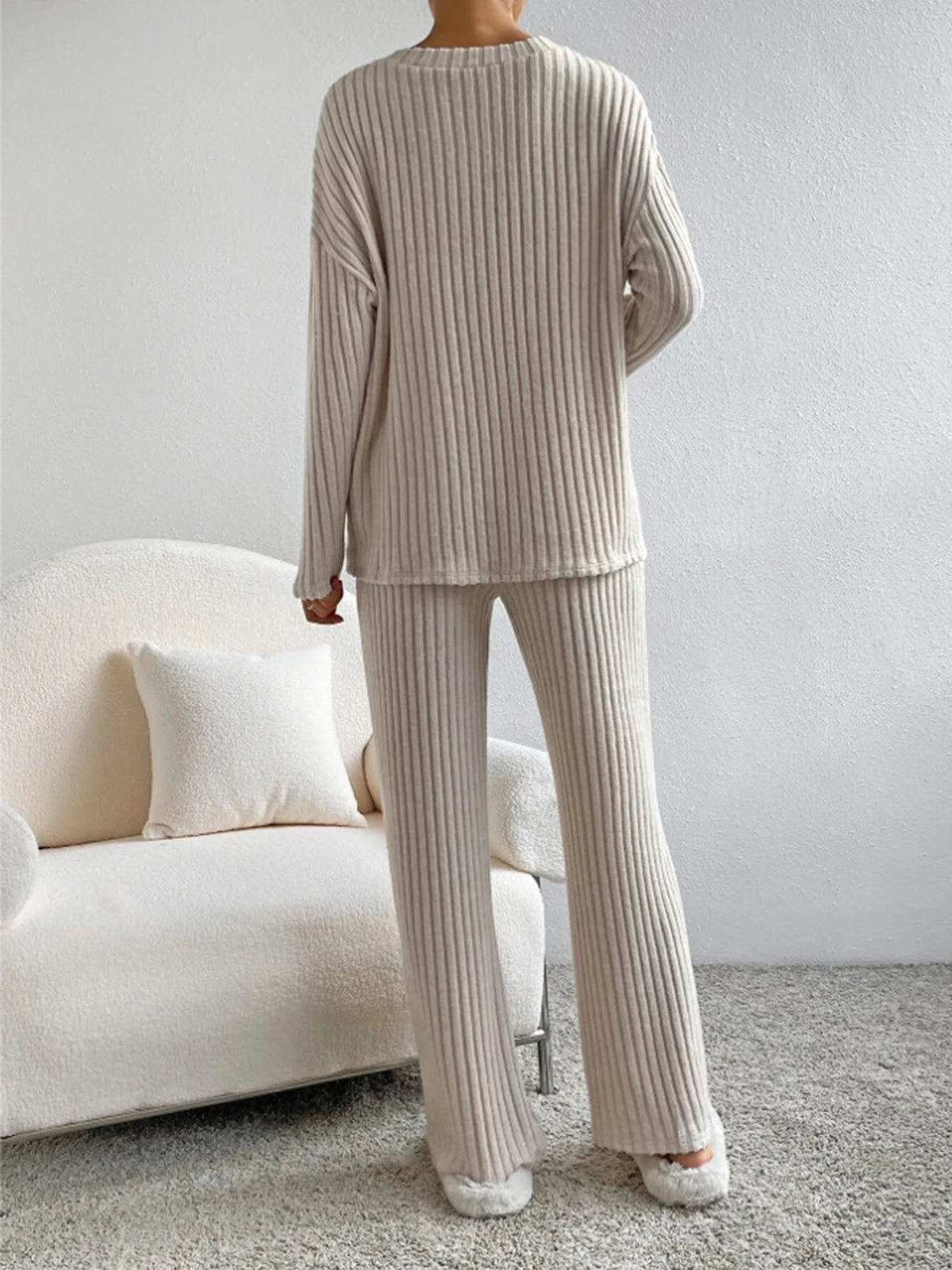 Pit striped Knitted Two Piece Set for Women Spring Solid Casual 2-piece V-neck Pullover Sweater+Straight Leg Pants Trendy Female