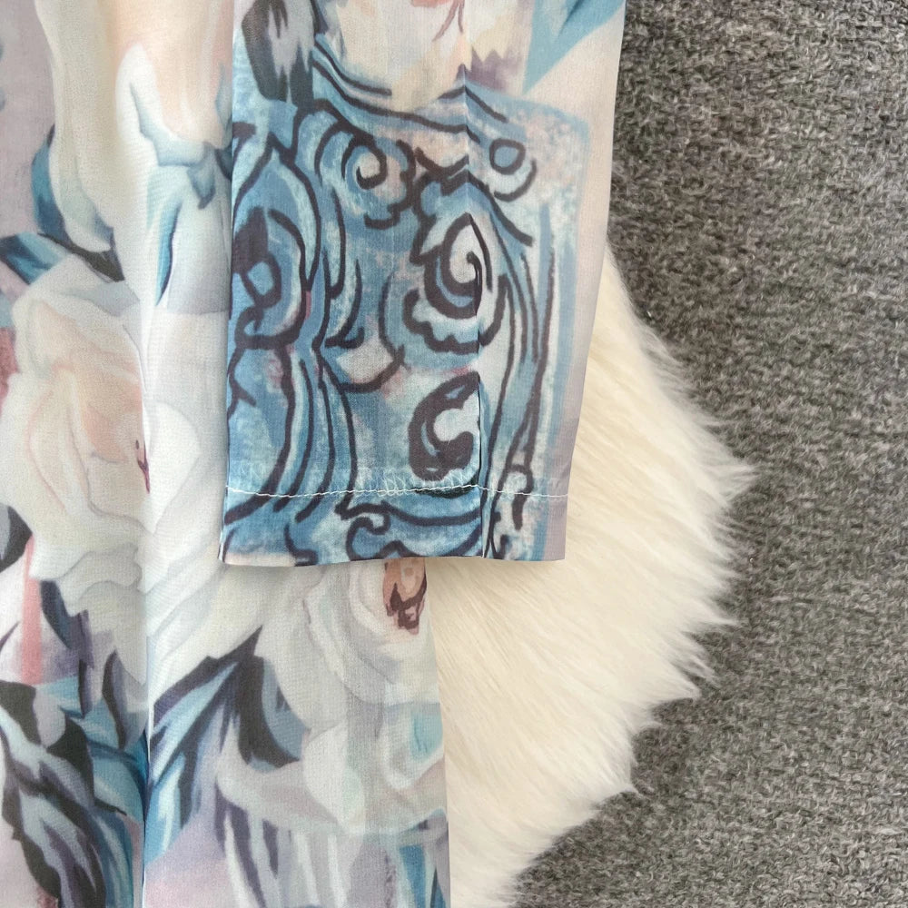 Elegant Chic A-Line Women Autumn Dress Long Sleeve Casual Floral Print Vintage Beach Holiday Vestidos Female Lace-up Robe Mujers