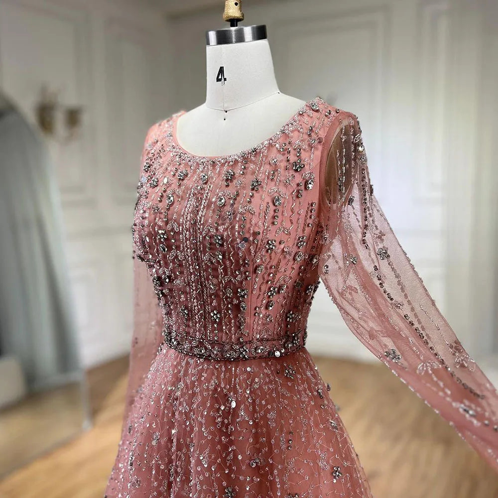 Serene Hill Dubai Arabic Designer Luxury Nude A Line Beaded Evening Dresses Gowns For Formal Occasion 2024 LA72088