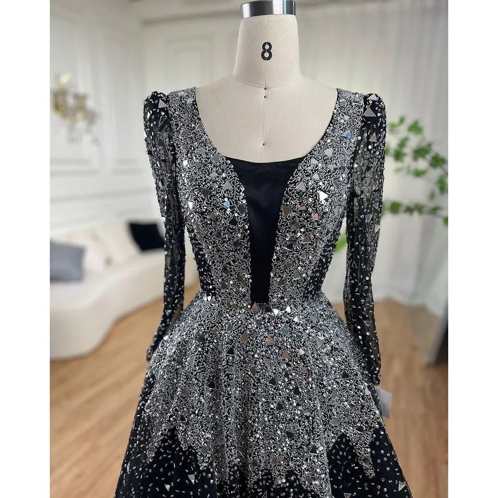 Serene Hill Muslim Black A-Line Evening Dresses Gowns 2024 Sequined Beaded Luxury For Woman Wedding Party LA71214